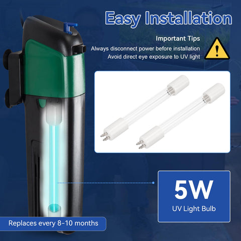 ERETOW 5W UV bulb in-use with aquarium filtration for clearer water.