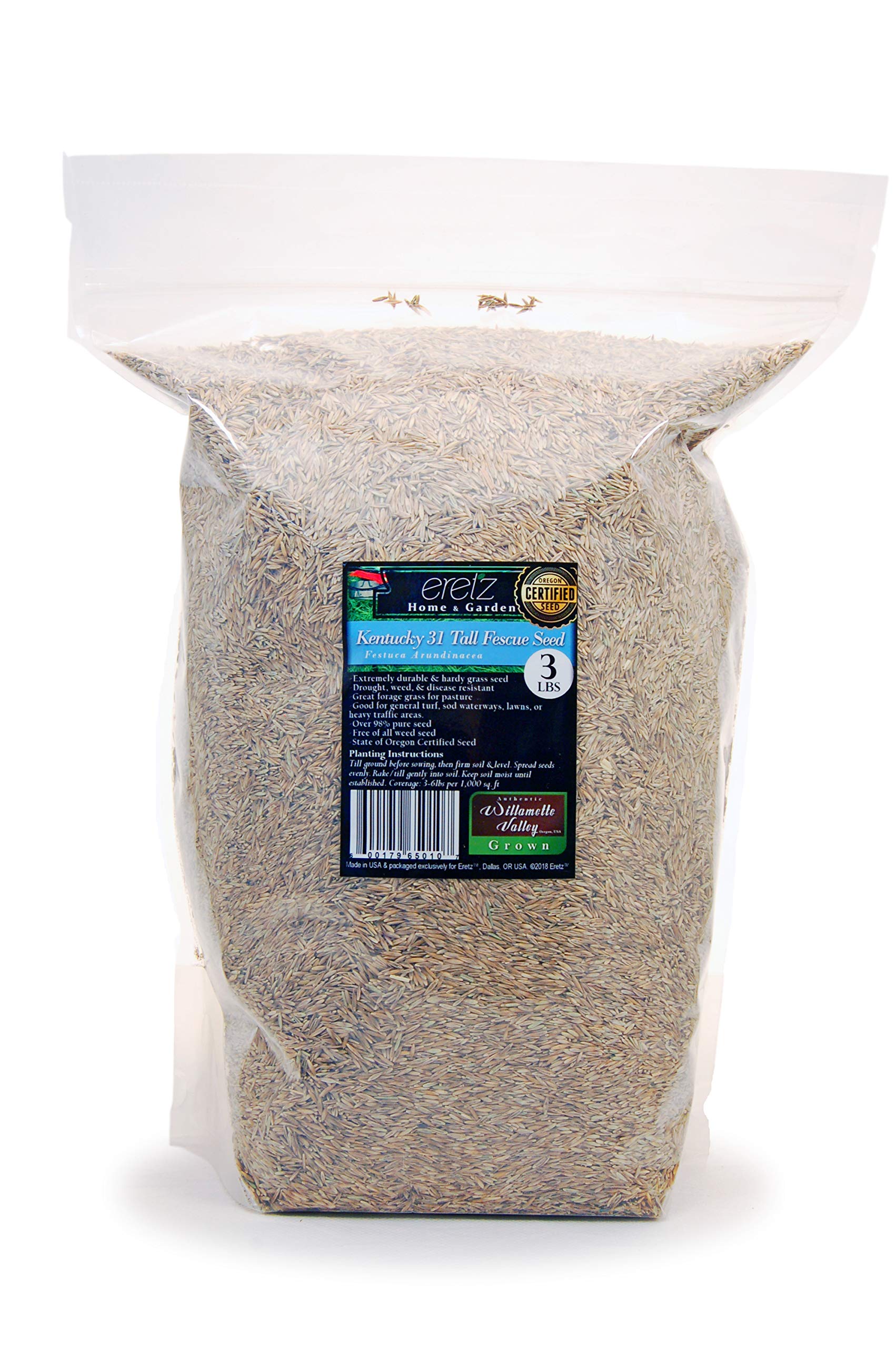 Eretz K31 tall fescue seed 3lb bag on table for lawn seeding.