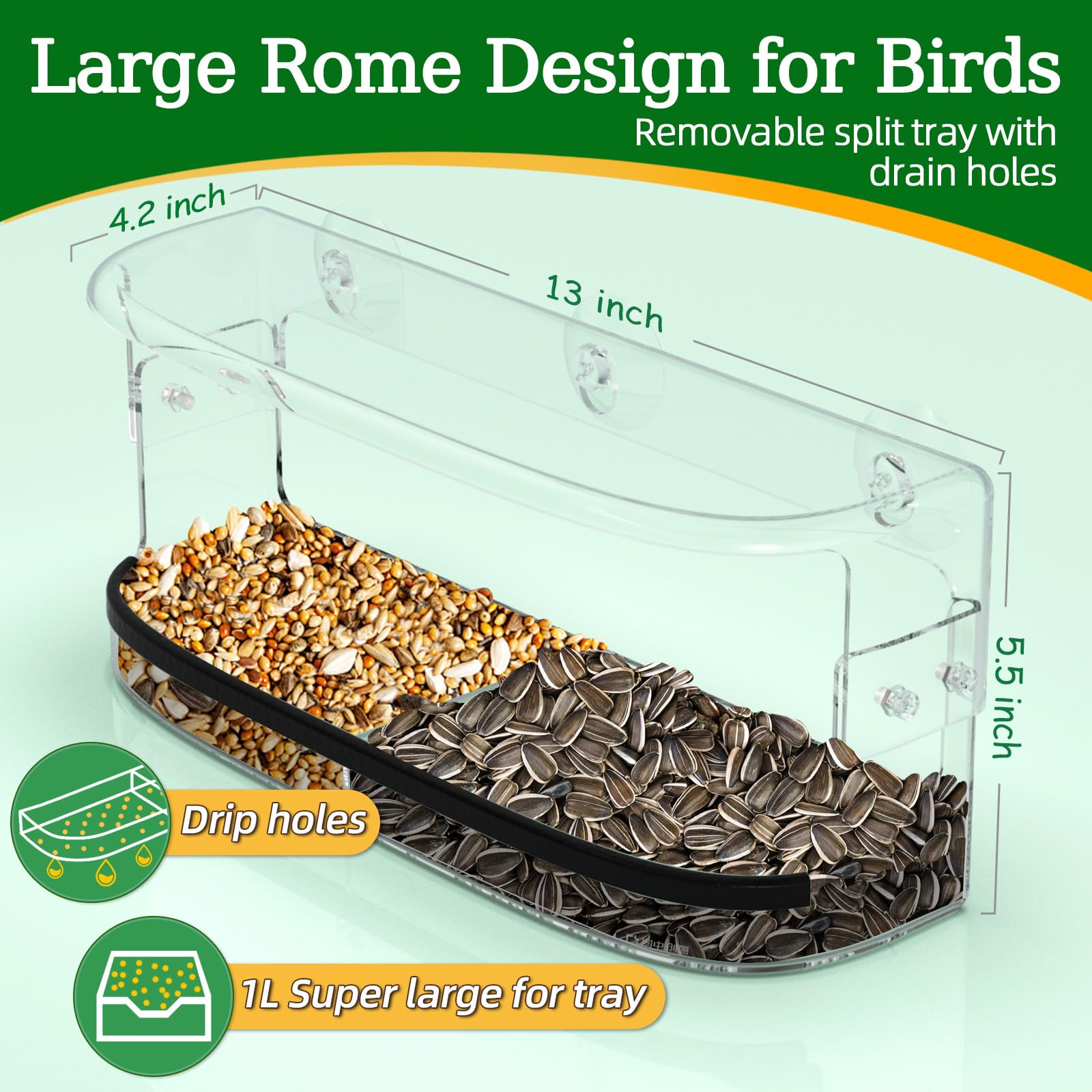 Strong suction cups keep the feeder secured to glass for uninterrupted bird watching.