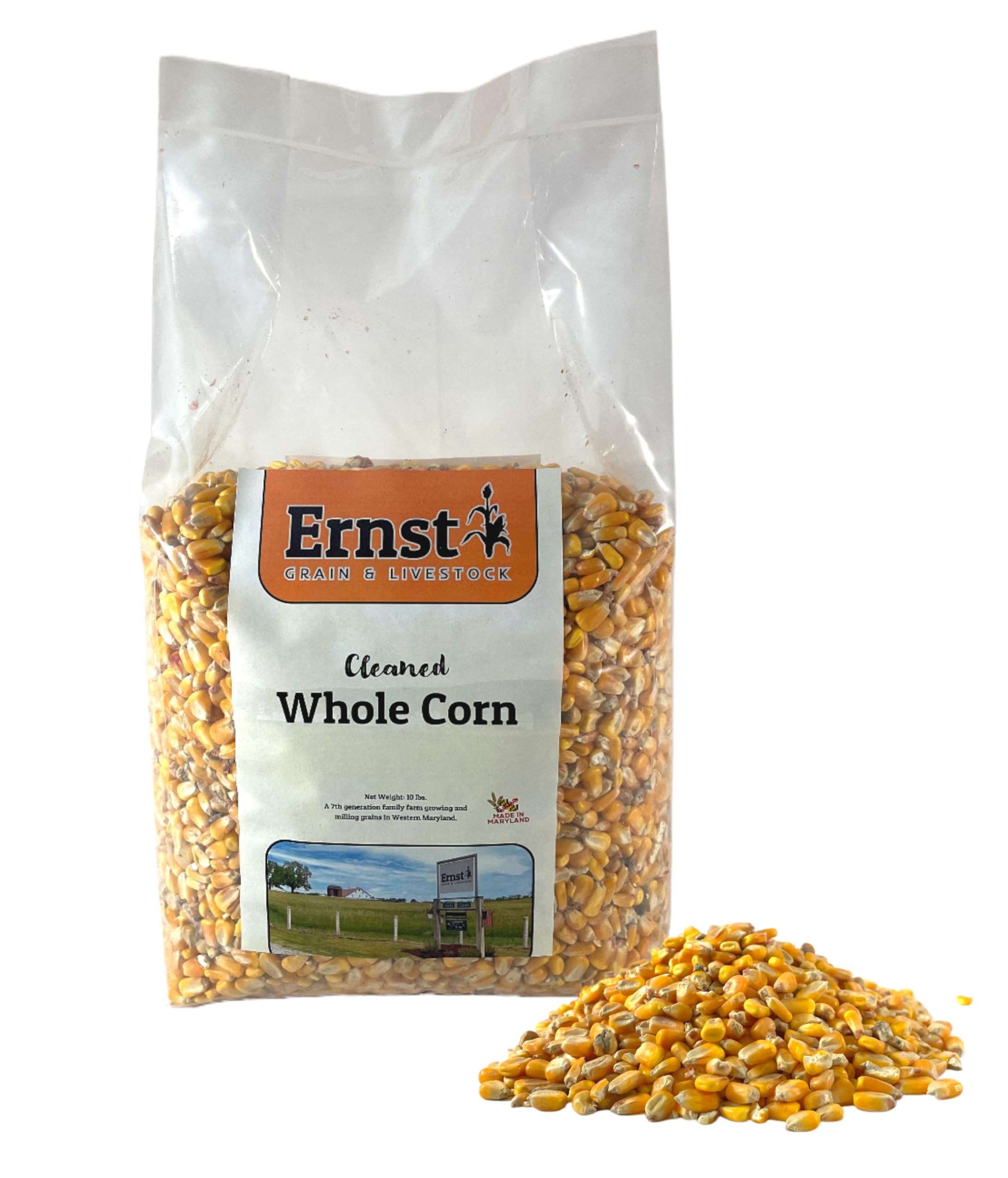 Ernst Whole Corn 10lb bag ready for versatile animal feeding.