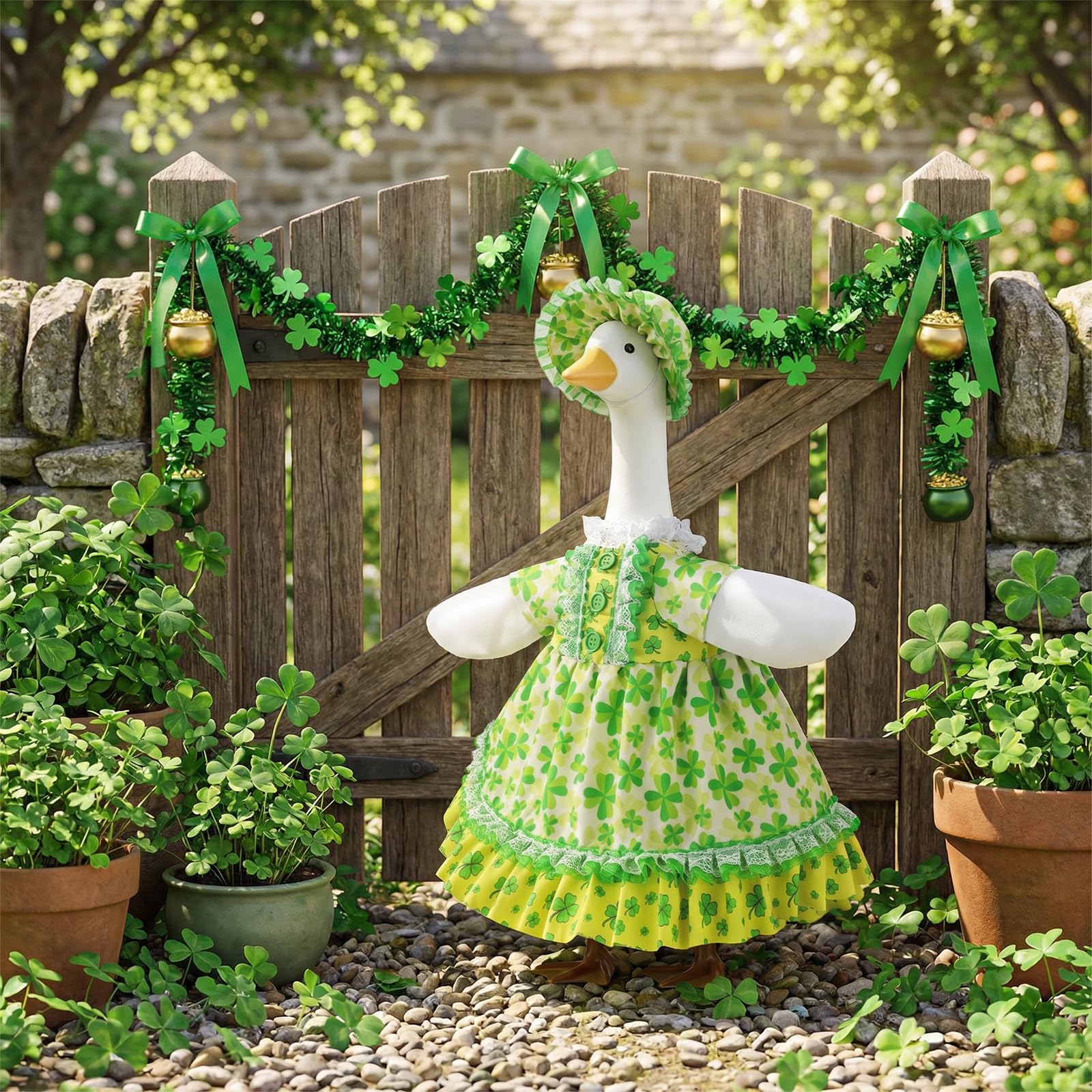 Erythem shamrock skirt for porch goose adds festive charm and movement.