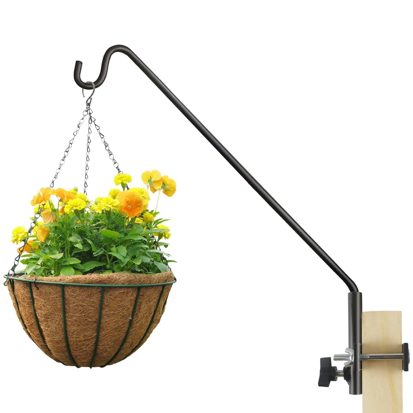 ERYTLLY extended rail hook on fence supporting a bird feeder and planter.