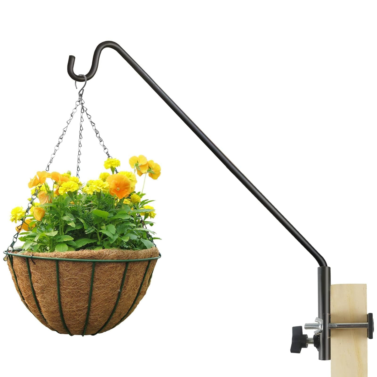 ERYTLLY extended rail hook on fence supporting a bird feeder and planter.