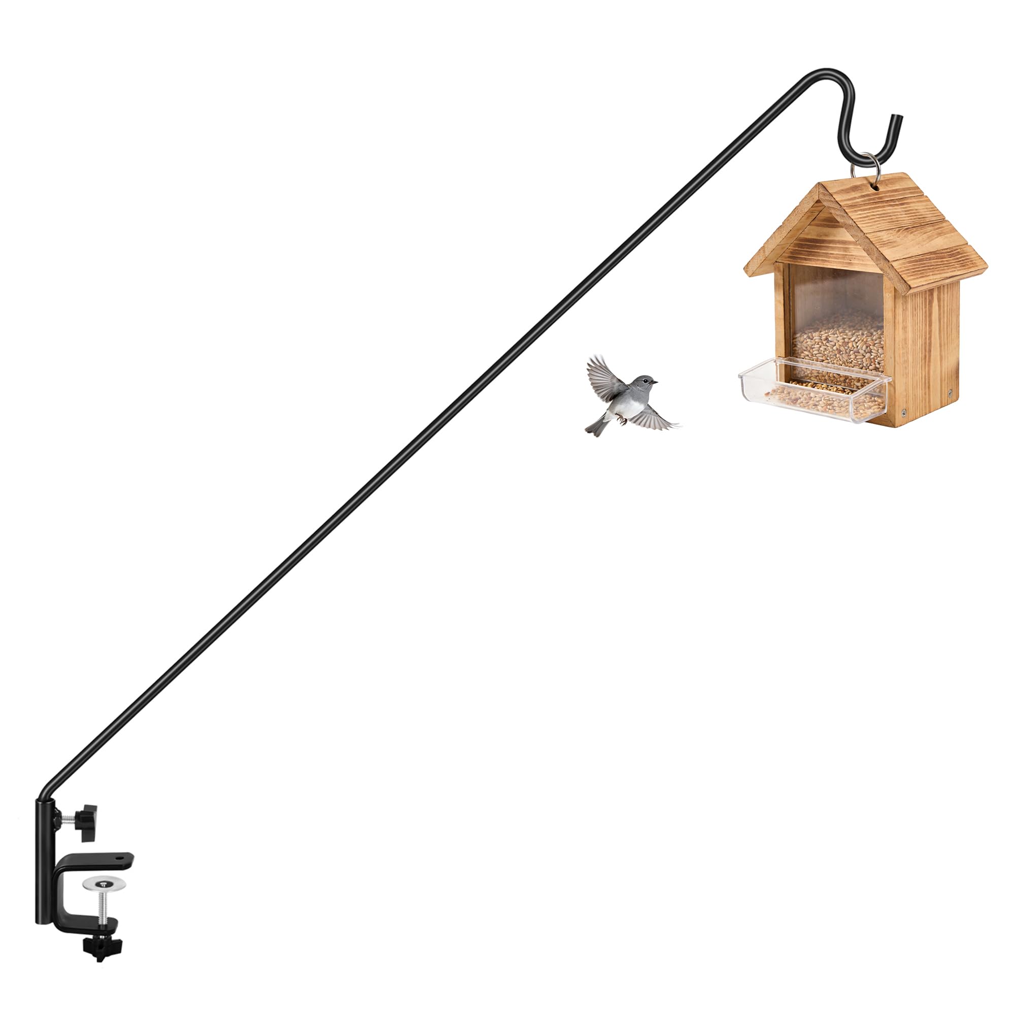 ERYTLLY heavy-duty deck hook with 43-inch arm securing a bird feeder on a railing
