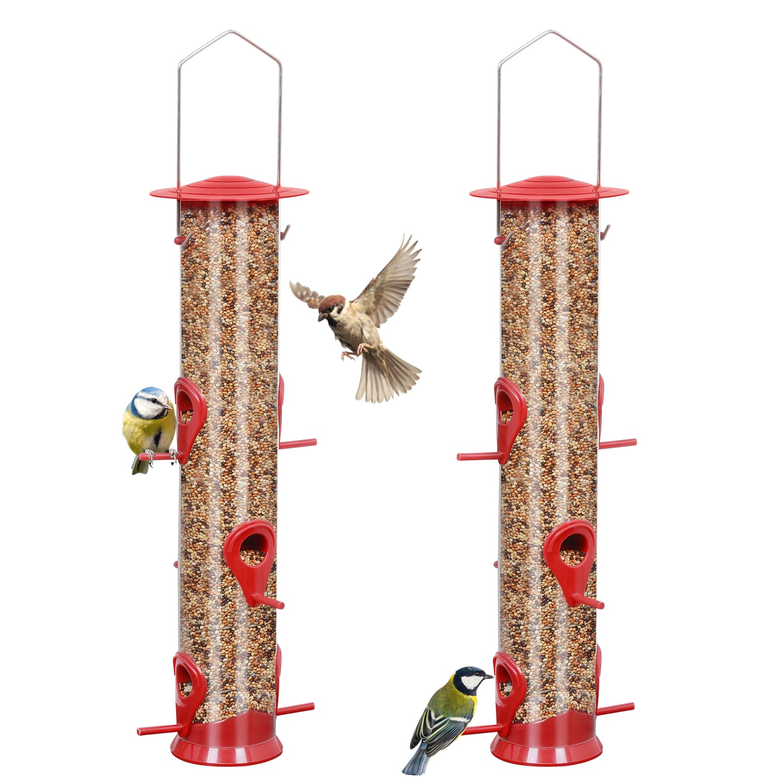 ERYTLLY bird feeder with six ports attracts small birds outdoors.