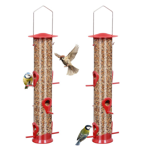 ERYTLLY bird feeder with six ports attracts small birds outdoors.