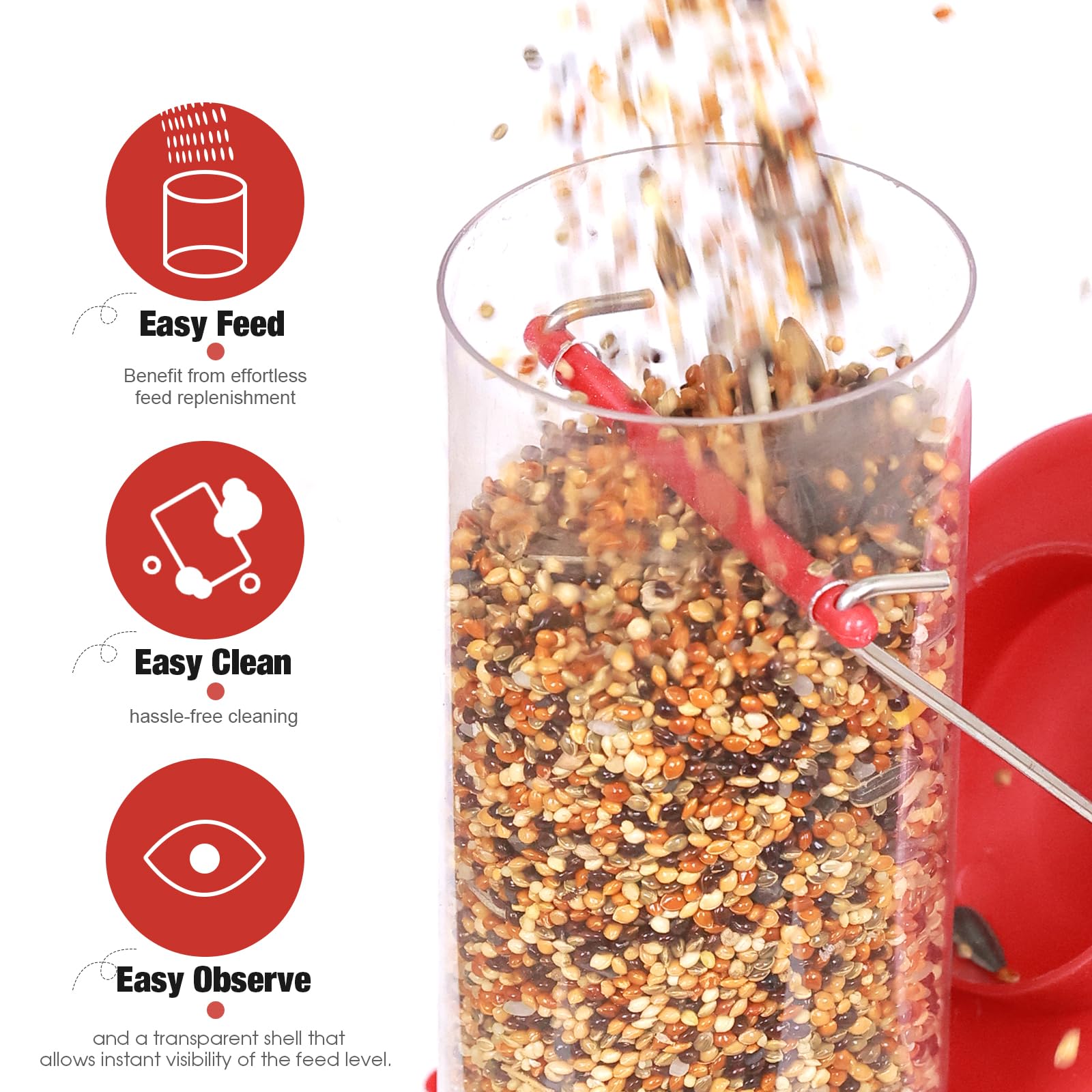 ERYTLLY weatherproof hanging feeder resists rain for year-round use.