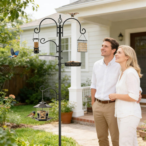 ERYTLLY Bird Feeding Station Kit top hooks hold large feeders securely.