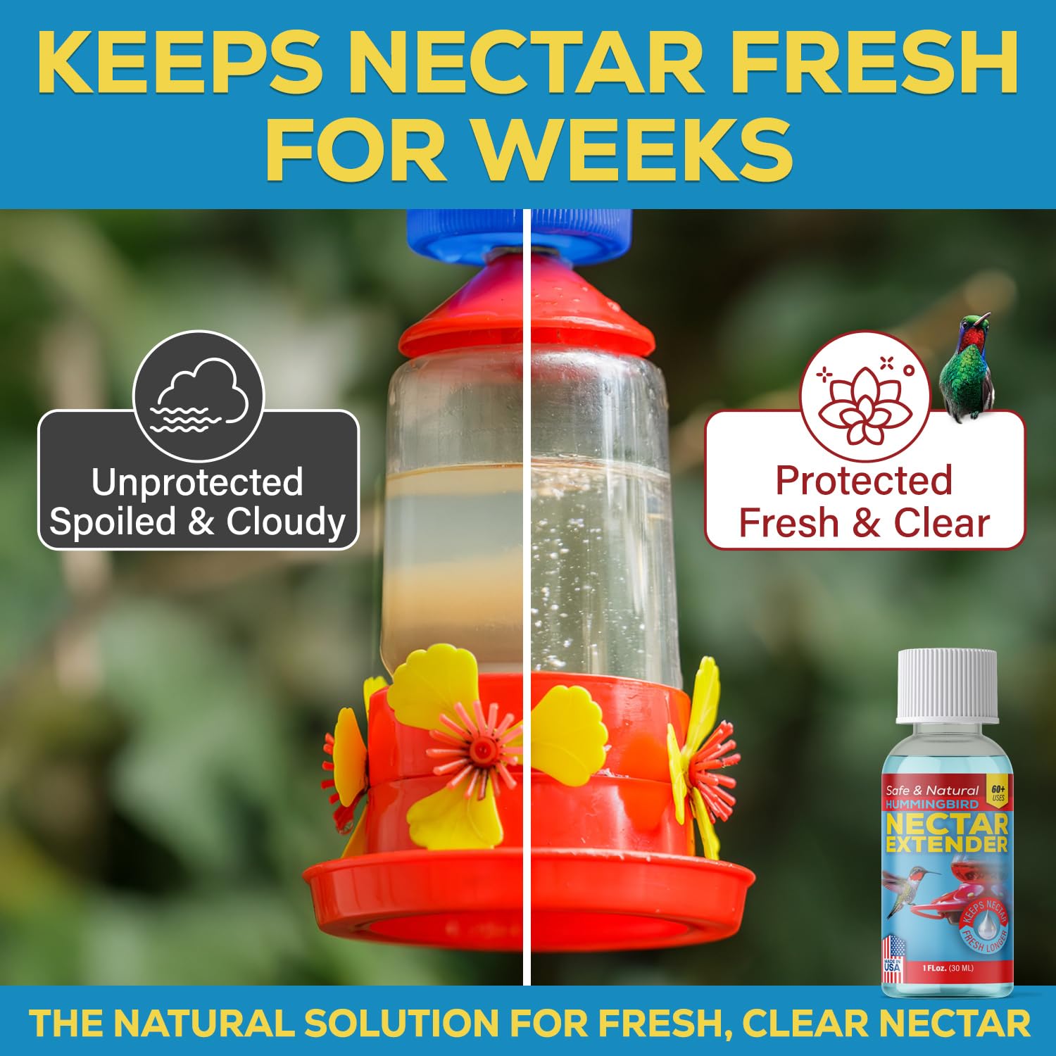 Escentile nectar extender in action showing measured drops for 8–32 oz feeders