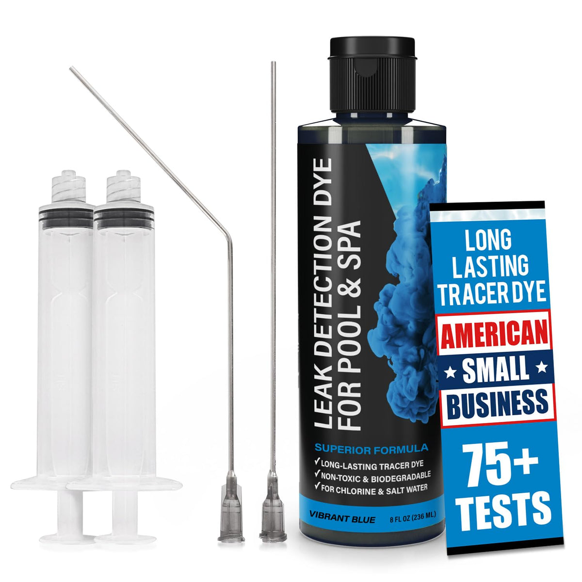 Escentile pool leak dye kit with UV-glow dye for easy detection in sunlight.