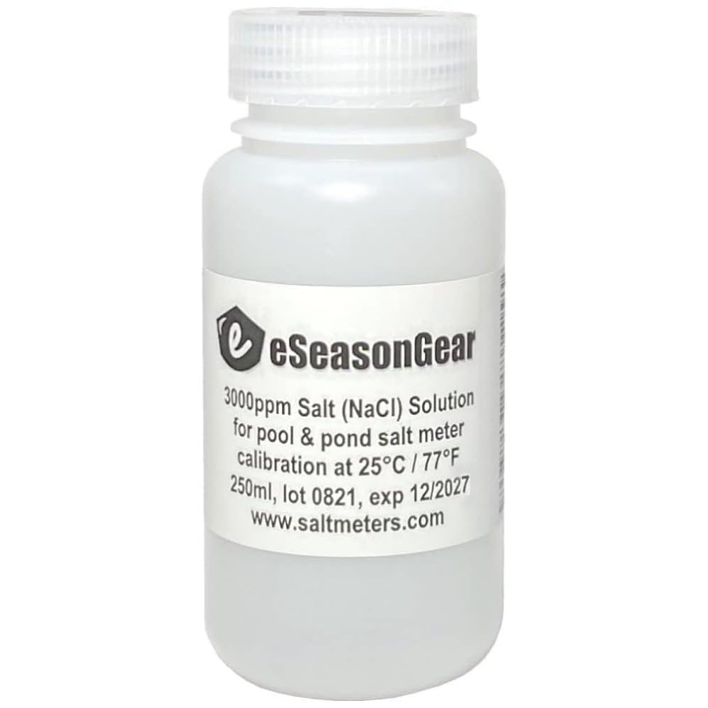 eSeasonGear 3000ppm salt calibration solution bottle for accurate pool meter readings.
