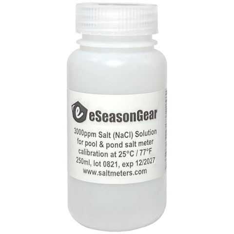 eSeasonGear 3000ppm salt calibration solution bottle for accurate pool meter readings.