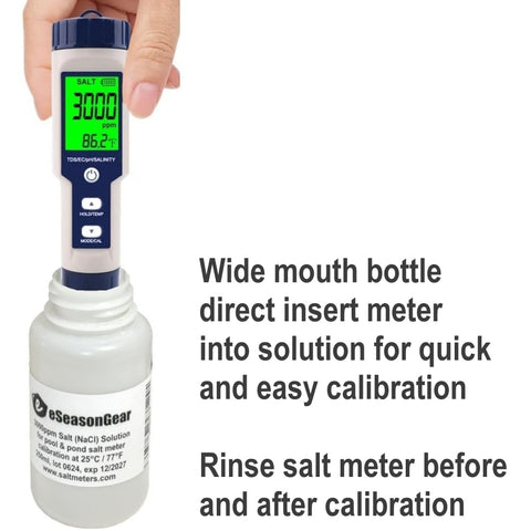 eSeasonGear salt meter calibration at room temperature with rinse guidance.