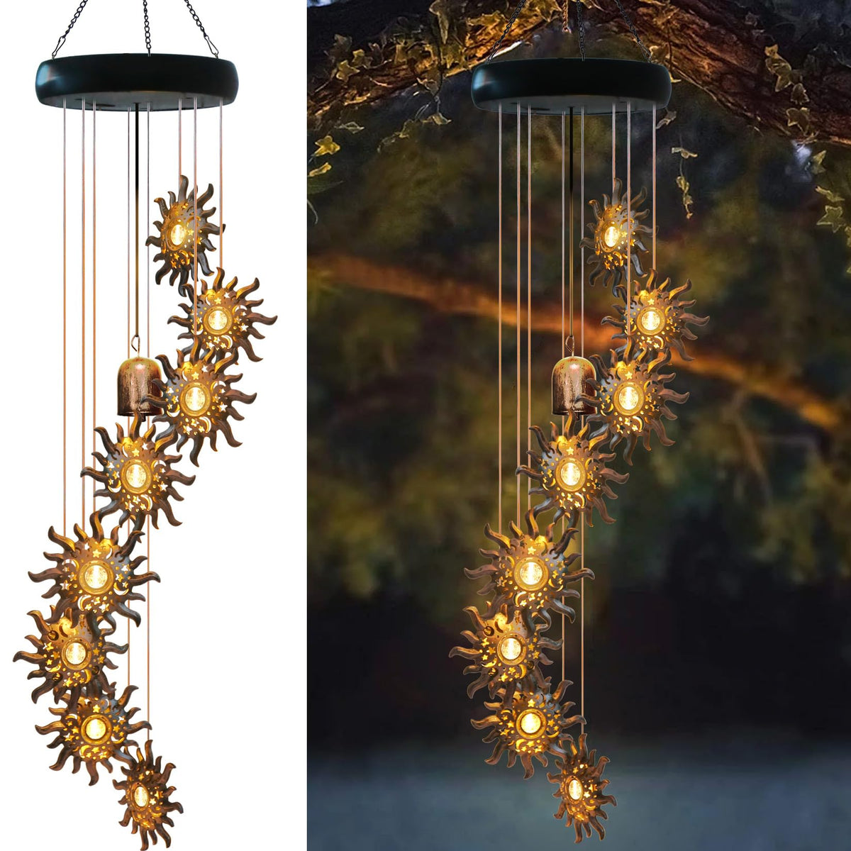 EsGarden 8-led solar sun-moon-star wind chimes outdoor lights create ambient lighting at dusk