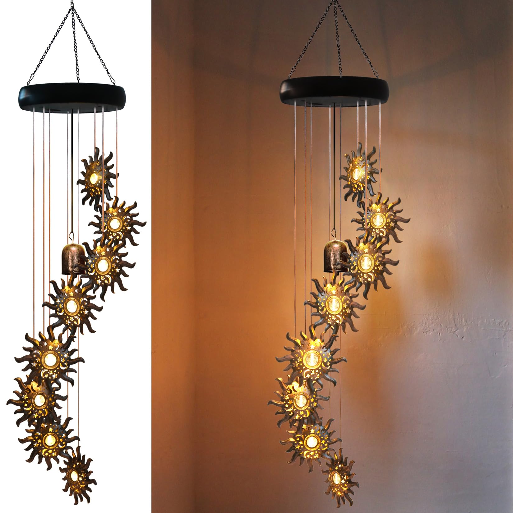 EsGarden sun-moon-star wind chimes sparkle softly on breezy evenings for relaxing ambiance