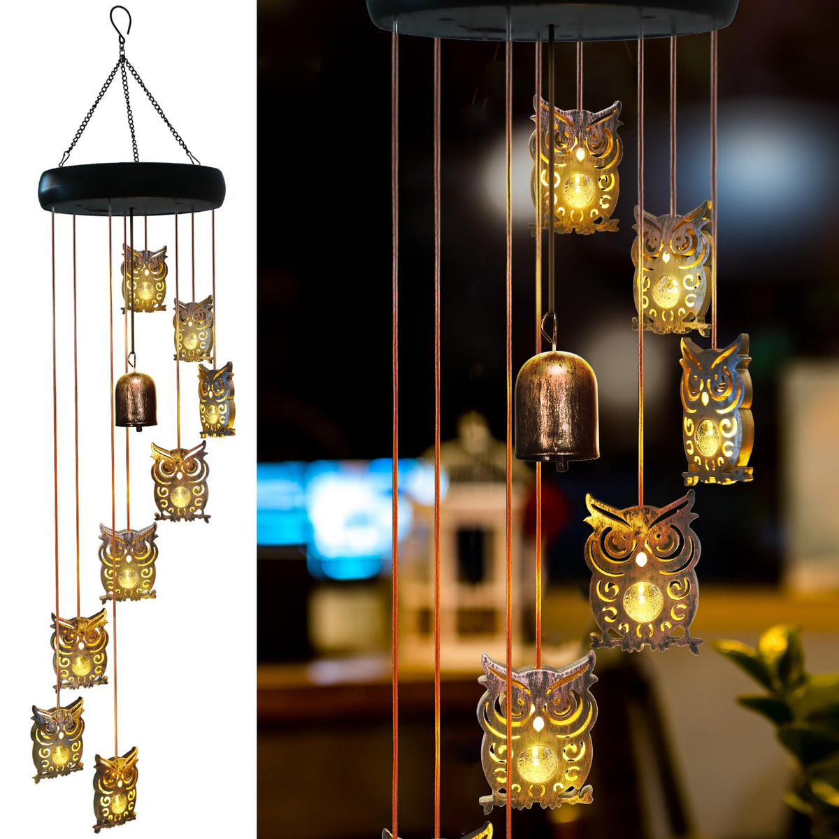 esgarden owl wind chimes outdoor led lighting enhances patio ambience at night