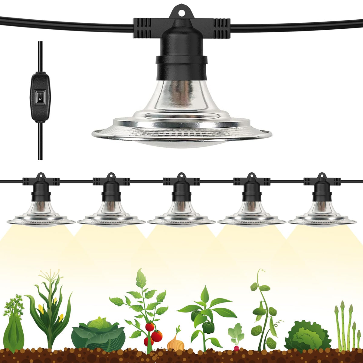 Espird outdoor 6-light LED grow light string illuminating greenhouse interiors.