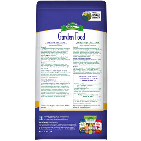 Espoma 10-10-10 Garden Food granular application near drip line supports steady plant growth