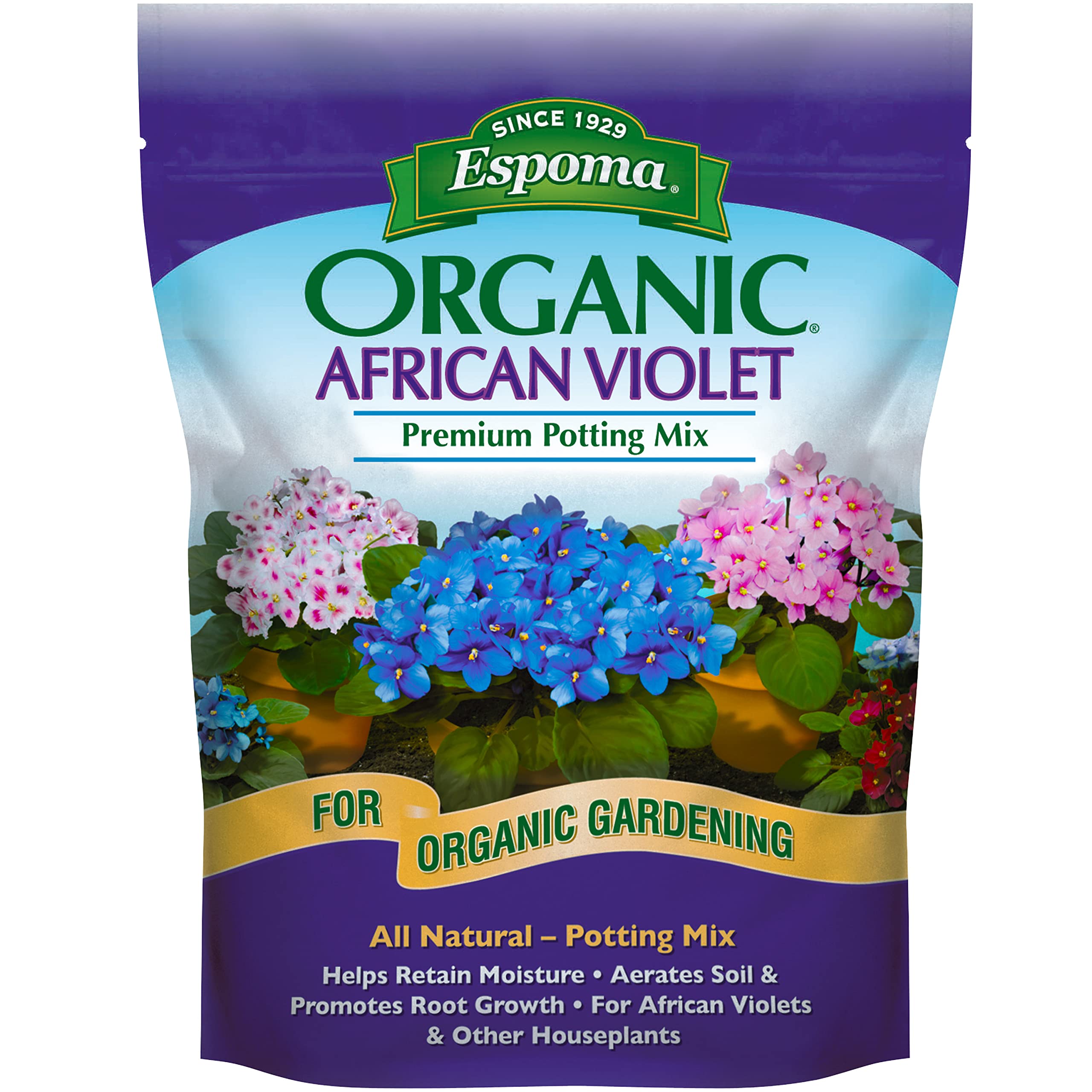 Espoma African Violet Mix bag showing organic soil blend for vibrant indoor violets.