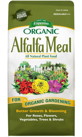 Espoma alfalfa meal fertilizer bag showing natural plant food for roses, flowers, and vegetables.
