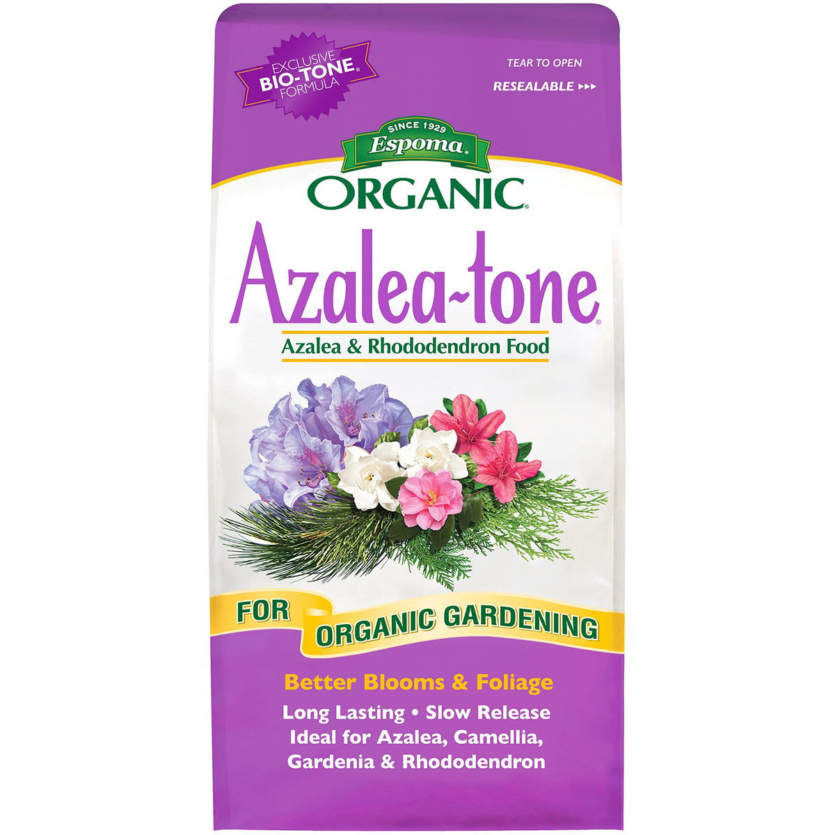 Espoma Azalea-Tone 4-3-4 bag front promotes vibrant blooms on azaleas and evergreens.