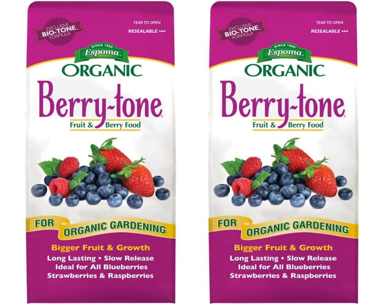 Espoma Berry Tone plant food bag front view for berry gardens.