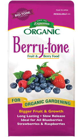 Espoma Berry Tone label close-up highlighting organic blend for berries.