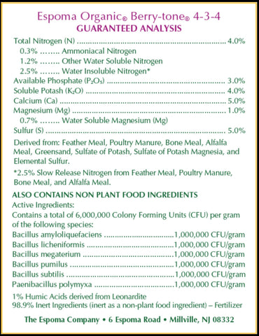 Ready-to-use Berry-Tone fertilizer for planting and feeding berries.