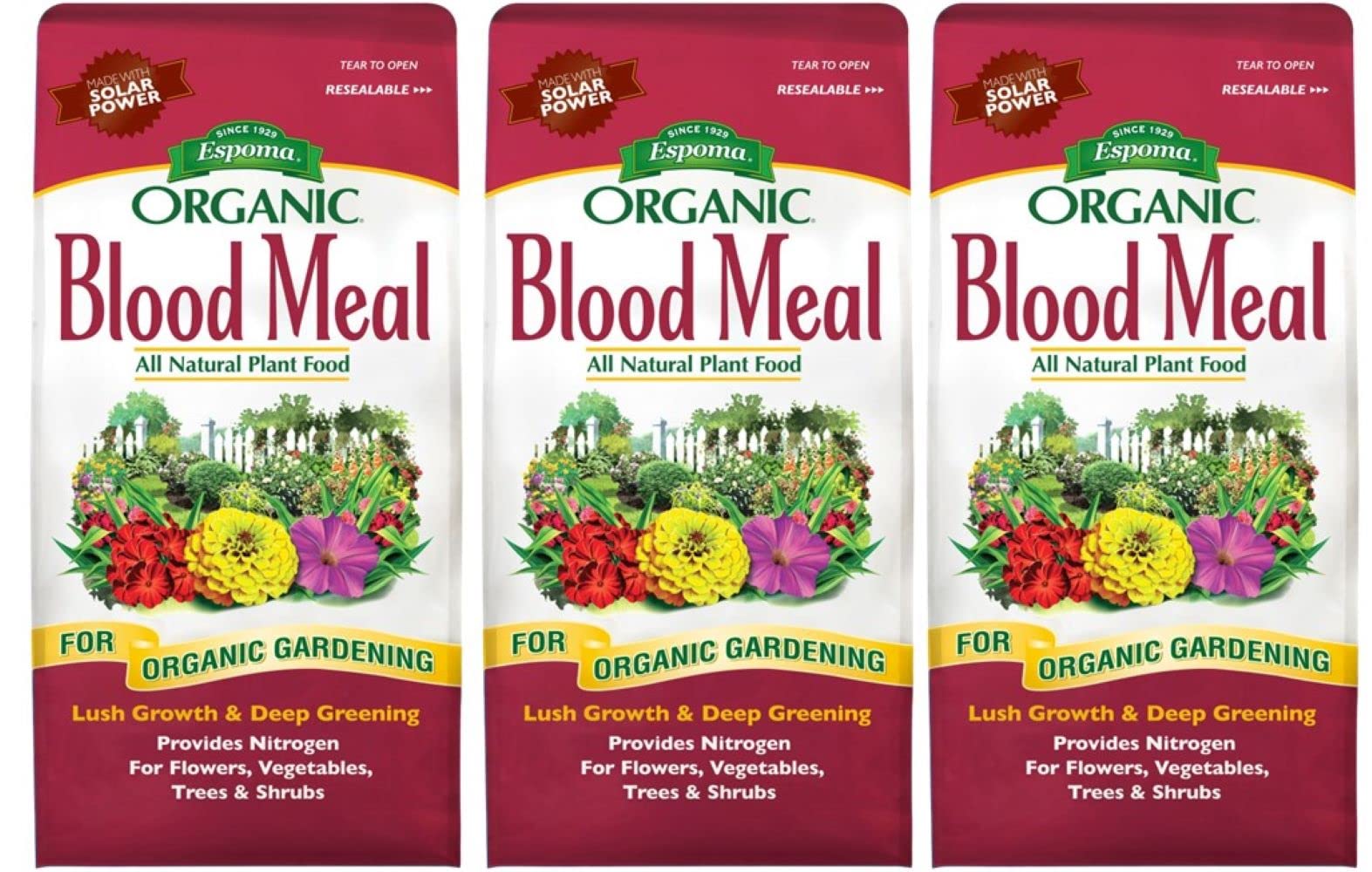 Espoma Blood Meal Fertilizer 12-0-0 bag supports nitrogen boost for vibrant plants.