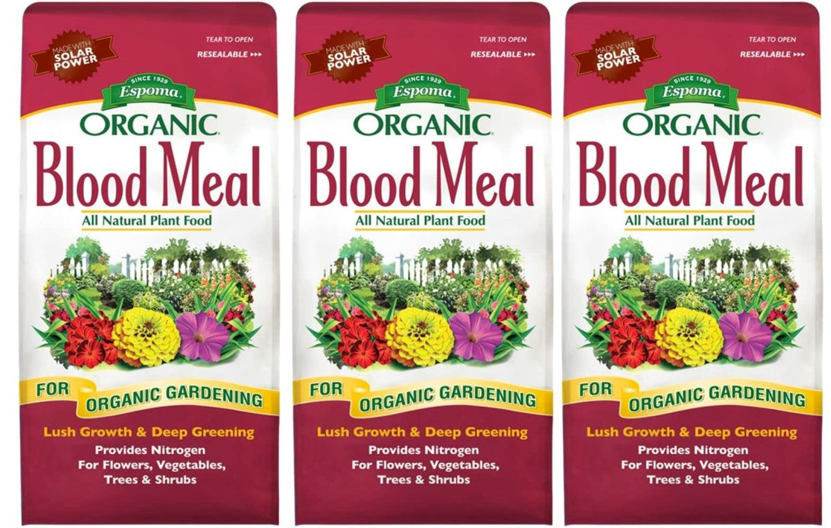 Espoma Blood Meal Fertilizer 12-0-0 bag supports nitrogen boost for vibrant plants.