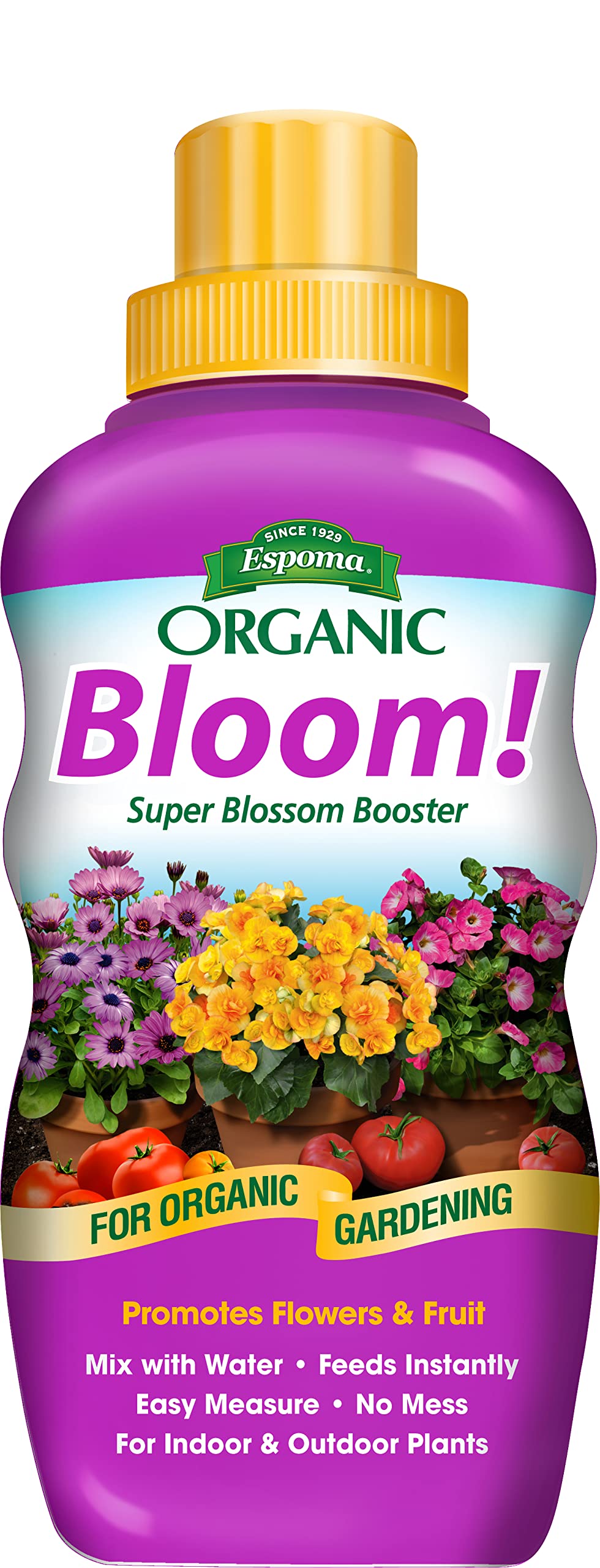 Espoma Bloom! bottle with pour spout for easy feeding.