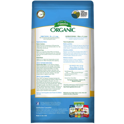 Espoma bone meal fertilizer being applied to soil to nourish bulbs and flowering plants