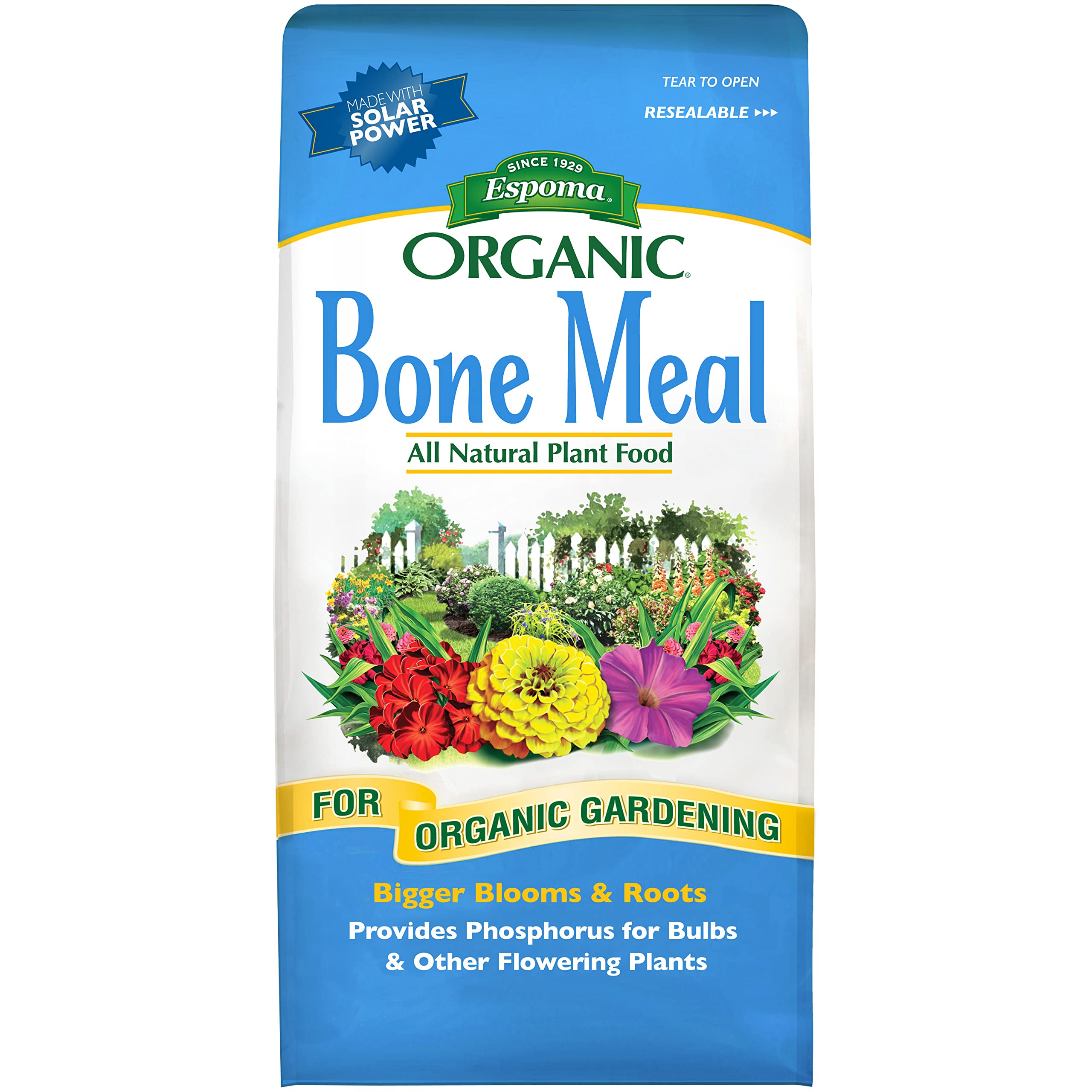 Espoma bone meal fertilizer packaging and two 4-lb bags for organic use