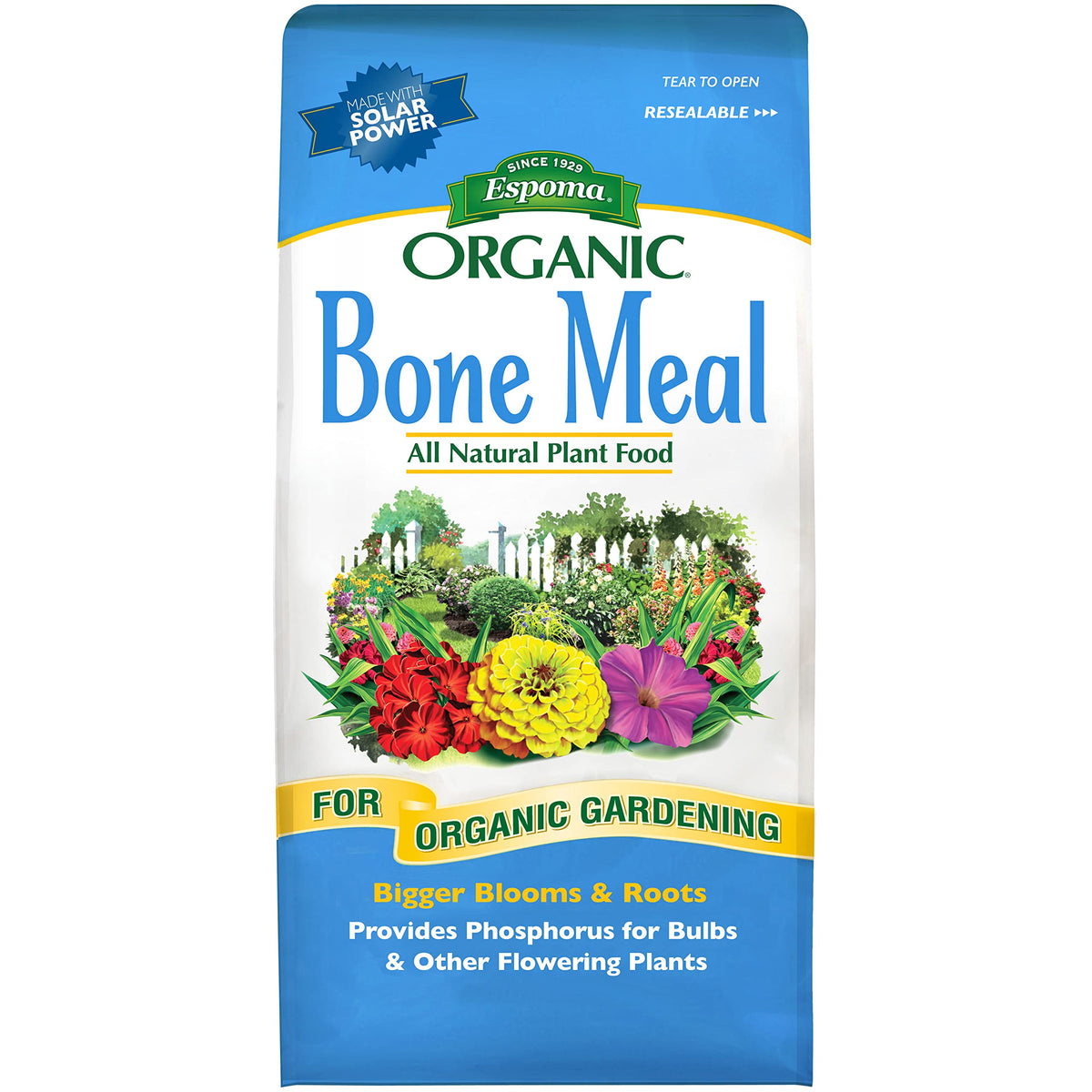 Espoma bone meal fertilizer packaging and two 4-lb bags for organic use