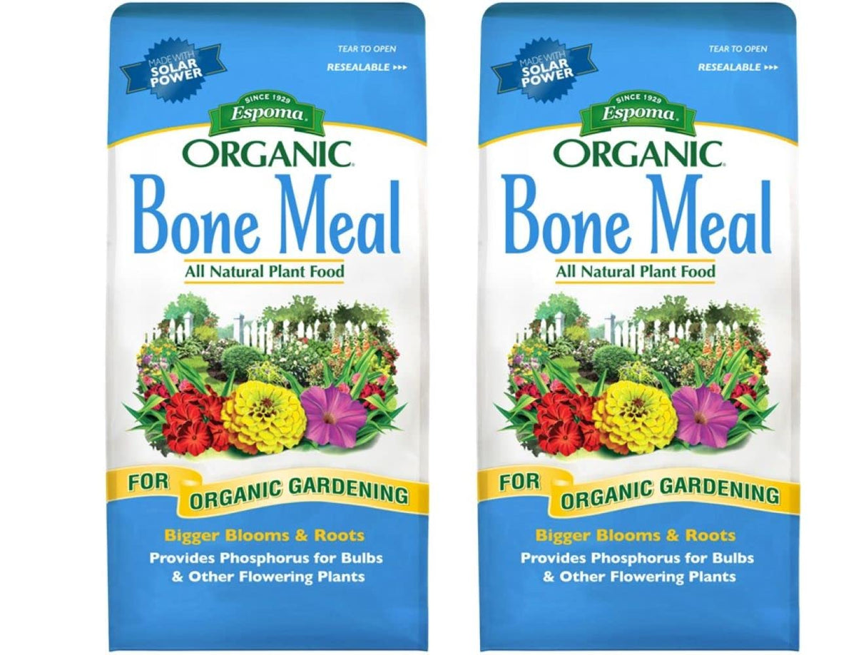 Espoma bone meal fertilizer 4 lb bag supports bulbs and flowering plants.
