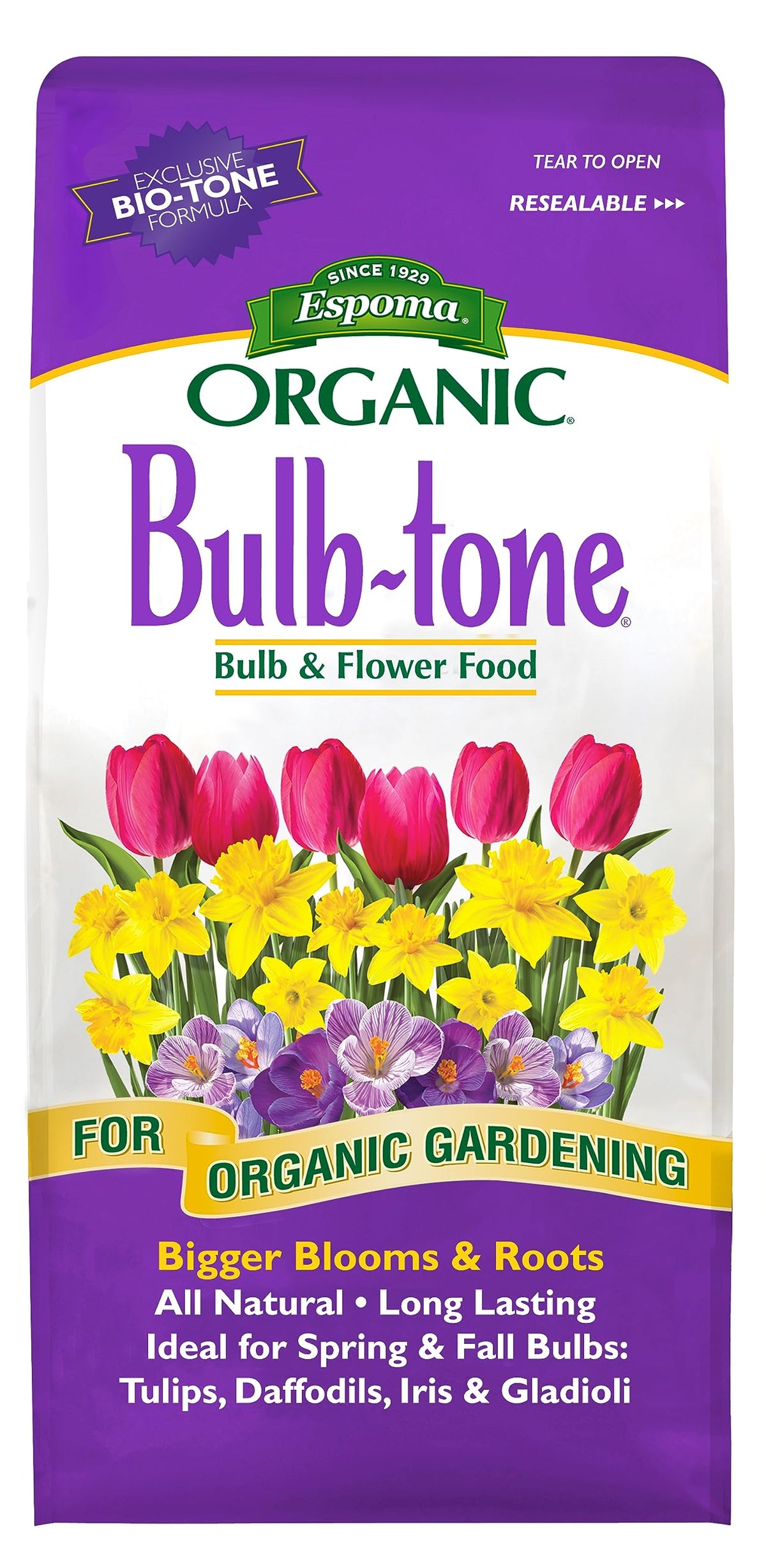 Espoma Bulb-Tone bag and label show organic 3-5-3 formula for spring bulbs.