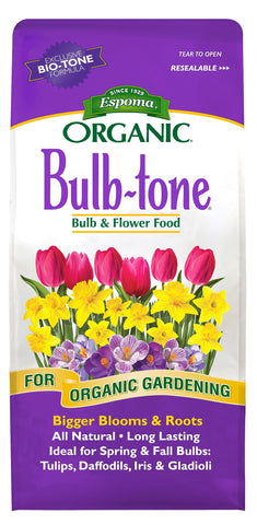 Espoma Bulb-Tone bag and label show organic 3-5-3 formula for spring bulbs.