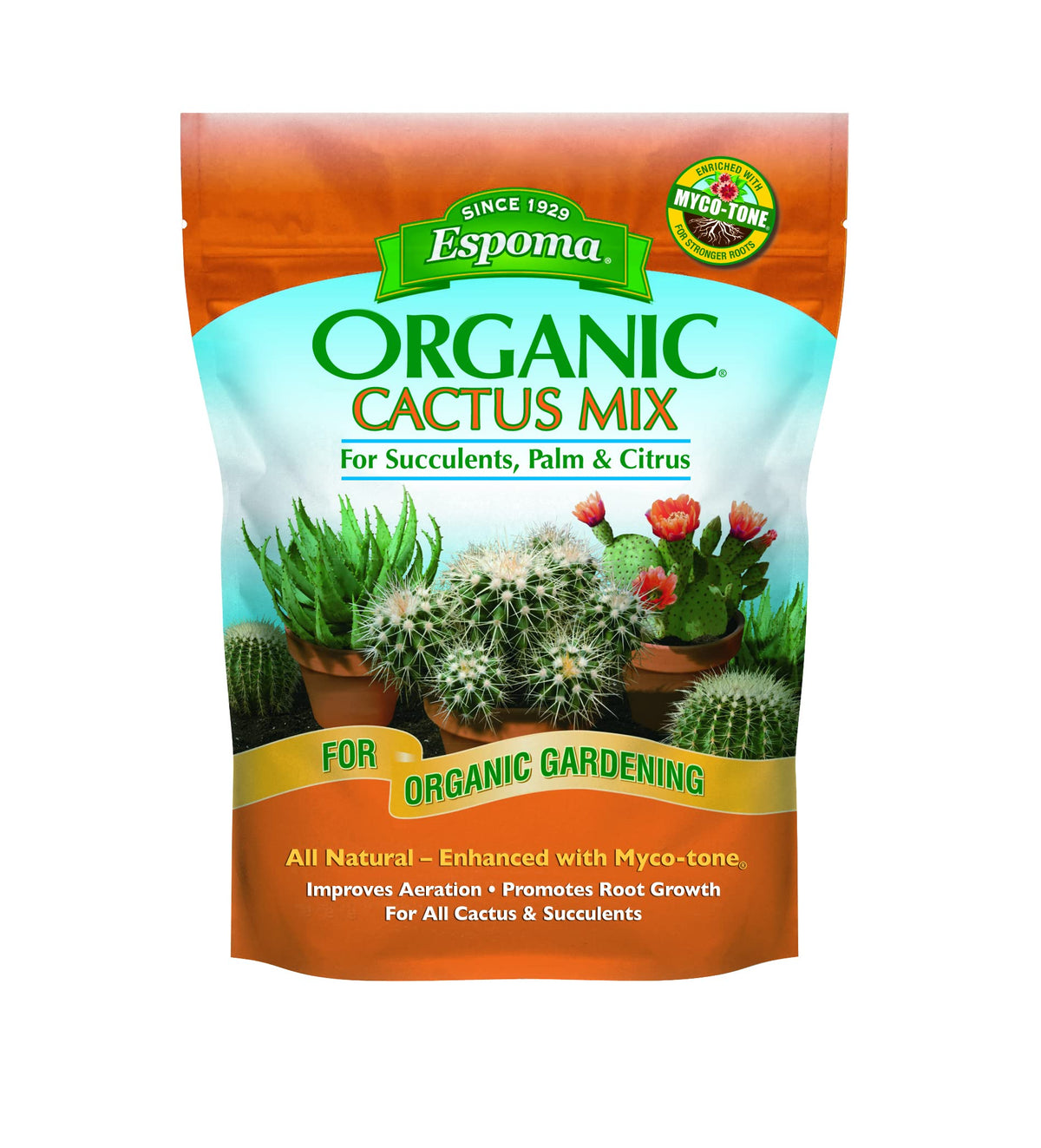 Espoma cactus potting soil mix bag ready for container planting promotes healthy root growth.
