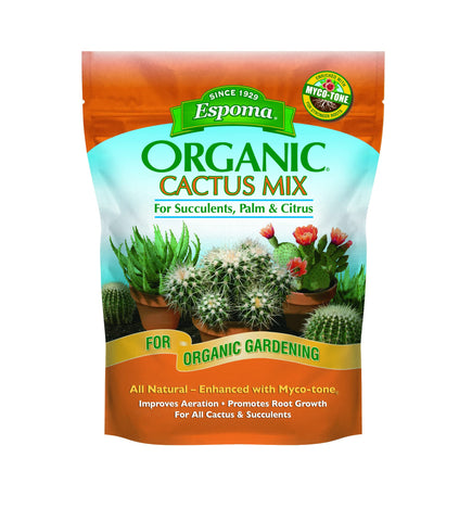 Espoma cactus potting soil mix bag ready for container planting promotes healthy root growth.