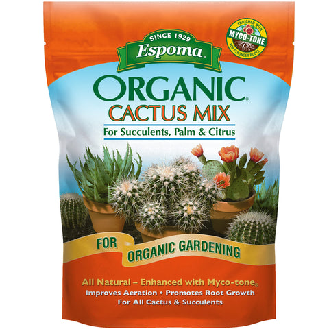 Espoma Organic Cactus Potting Soil Mix in 8 qt bag, ready for container plantings.