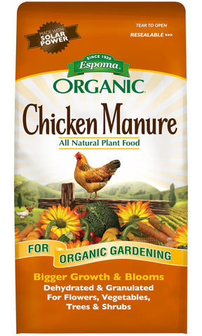 Espoma Organic Chicken Manure 3.75 lb bag; ready-to-use soil fertility booster for gardens.