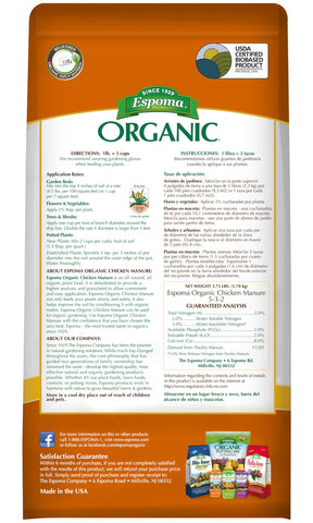 Espoma Chicken Manure dehydrated granules; easy application for healthy flower and veggie beds.