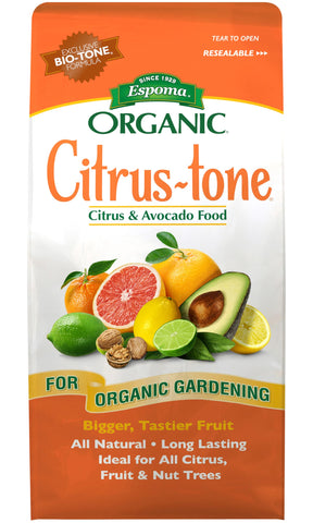 Espoma Citrus-Tone bottle showing ready-to-use organic fertilizer for citrus trees.