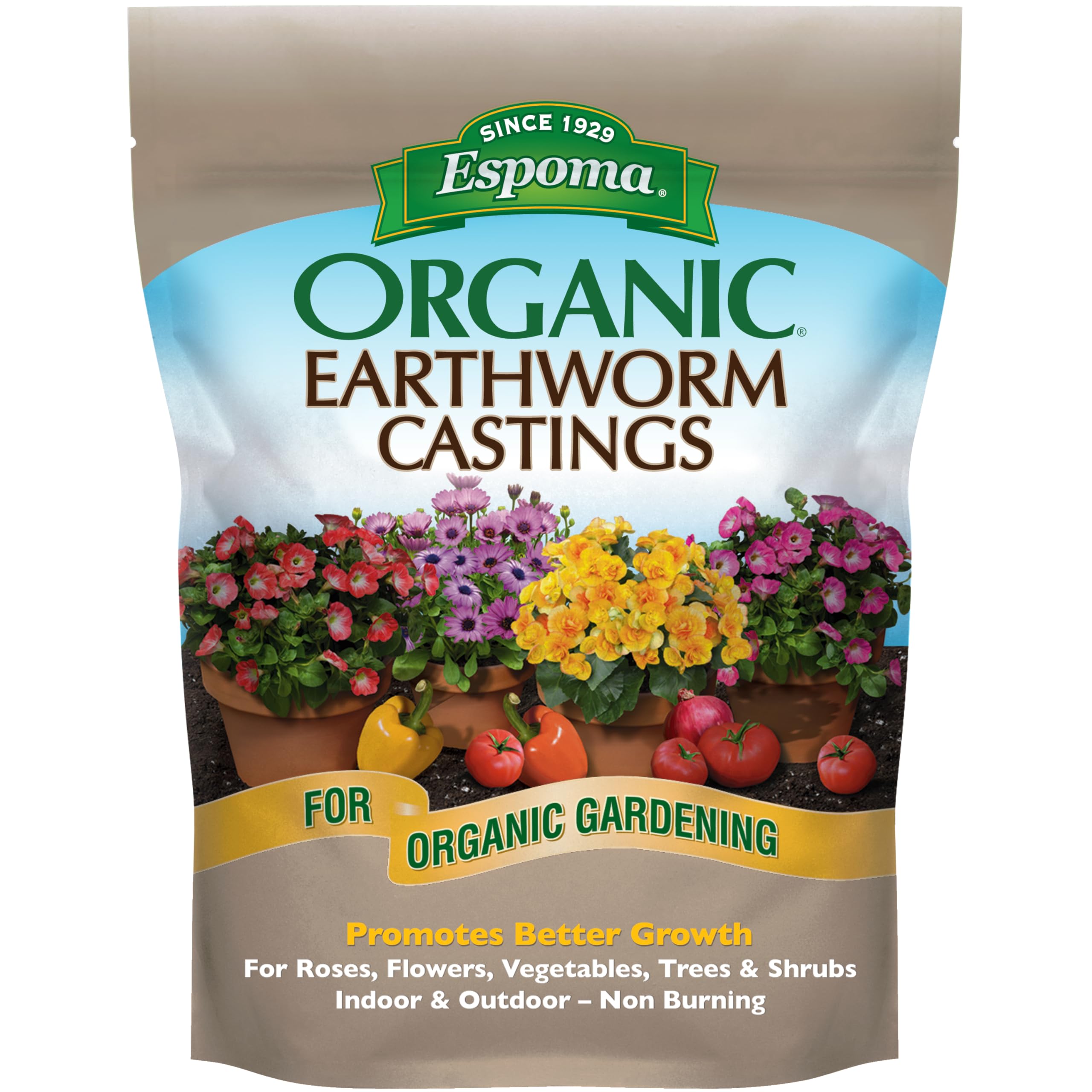 Espoma Organic Earthworm Castings bag closeup—promotes richer soil and vibrant plants.