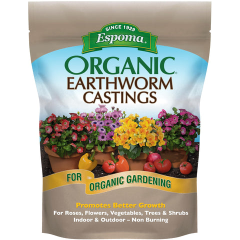 Espoma Organic Earthworm Castings bag closeup—promotes richer soil and vibrant plants.