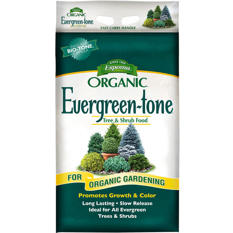 Espoma Evergreen-Tone 4-3-4 bag for organic evergreen feeding promoting healthy growth.