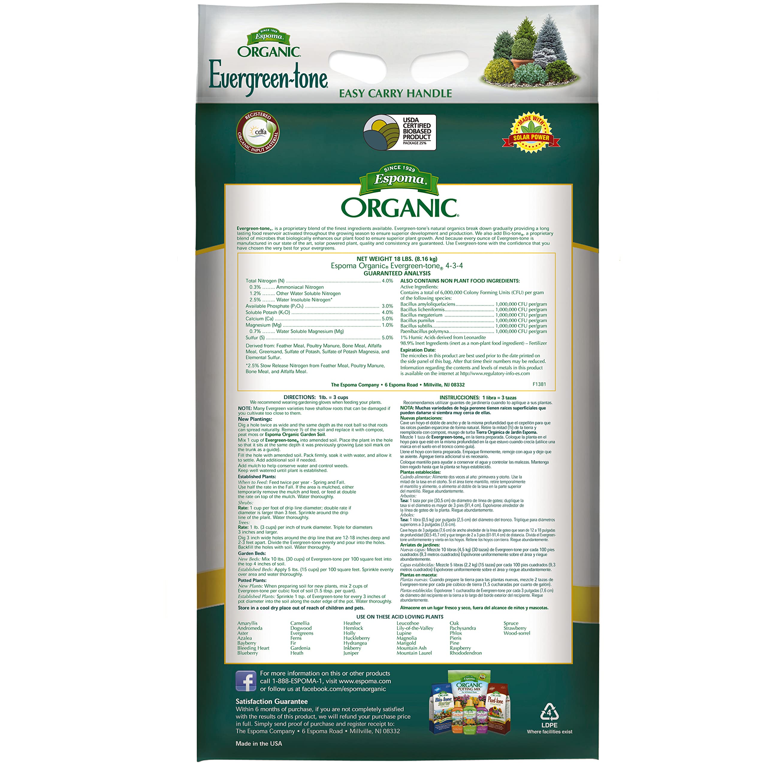 Espoma Evergreen-Tone label closeup highlighting organic formula for safe feeding.