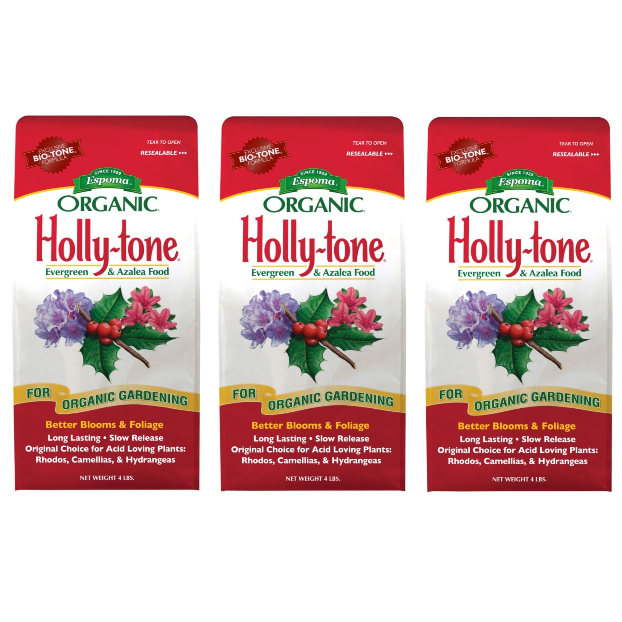 Espoma Holly-Tone 4lb bag showing slow-release organic fertilizer for acid-loving plants.