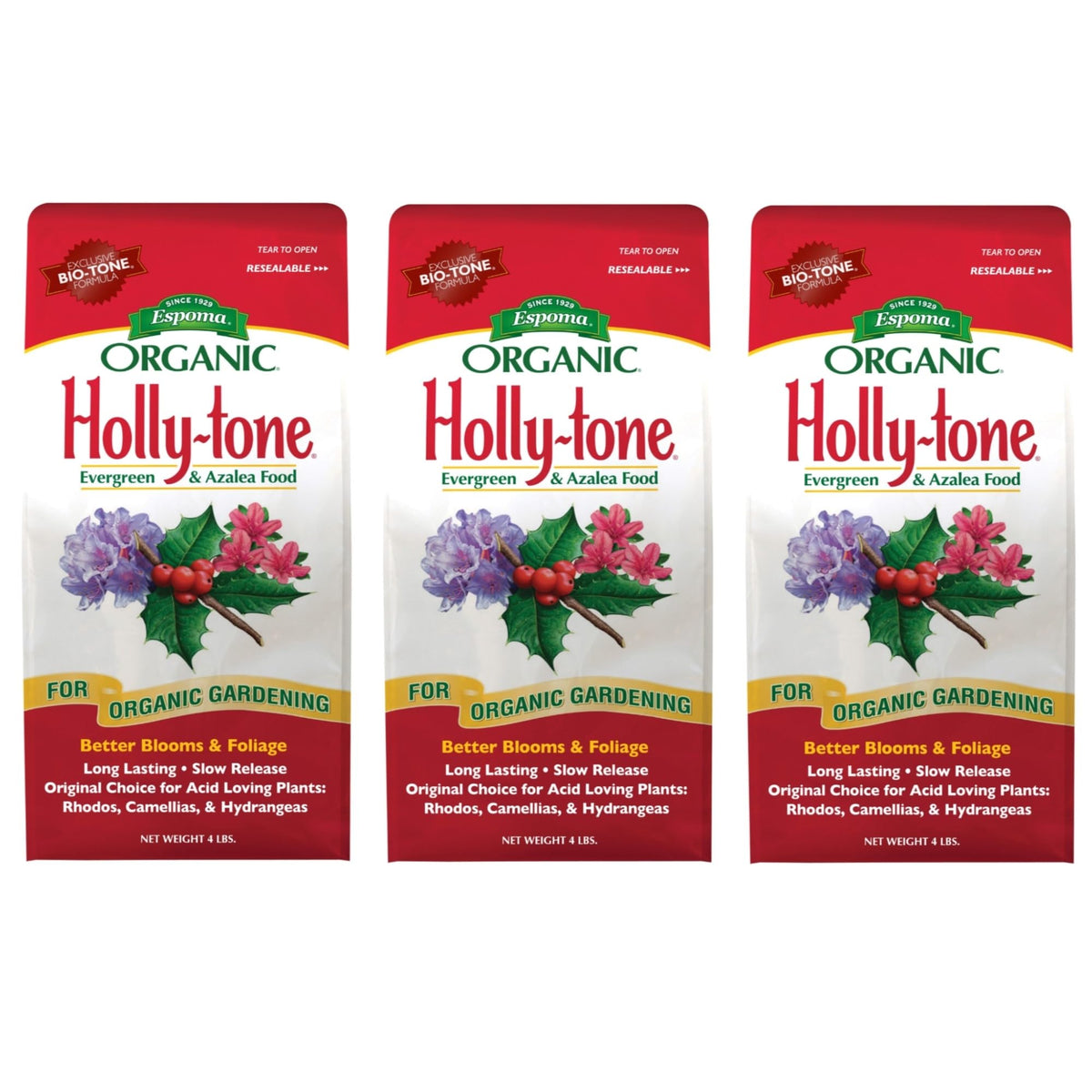 Espoma Holly-Tone 4lb bag showing slow-release organic fertilizer for acid-loving plants.