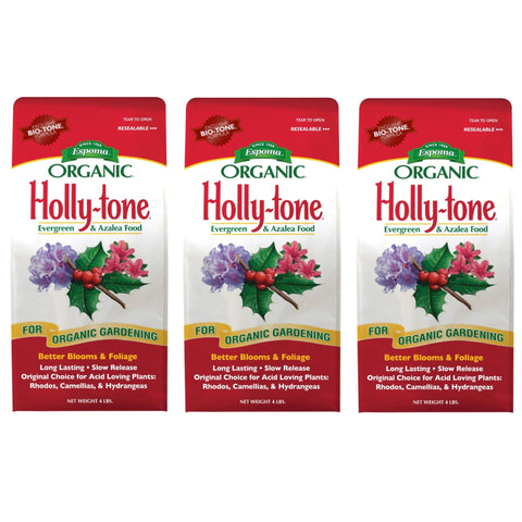 Espoma Holly-Tone 4lb bag showing slow-release organic fertilizer for acid-loving plants.